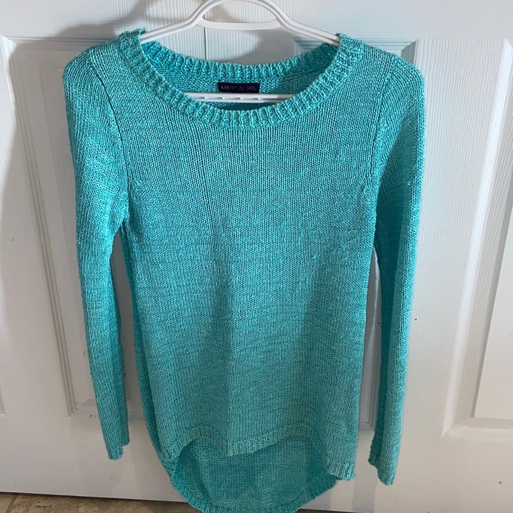 Material Girl teal high-low sweater
